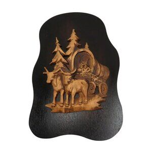 OXEN WAGON Hand Carved 3D Plaque 1970s Ontario Canada 10" Vintage